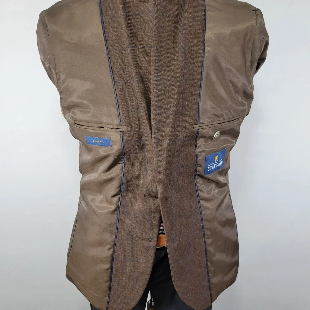 Stafford Men's Sport Coat Blazer Two Button Brown‎ Herringbone Plaid Classic 42R